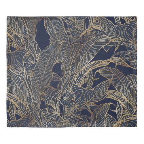 Modern Blue Gold Foliage Plant Botanical Design Duvet Cover