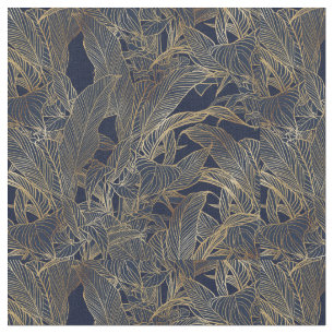 Modern Blue Gold Foliage Plant Botanical Design Fabric