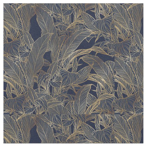 Modern Blue Gold Foliage Plant Botanical Design Fabric