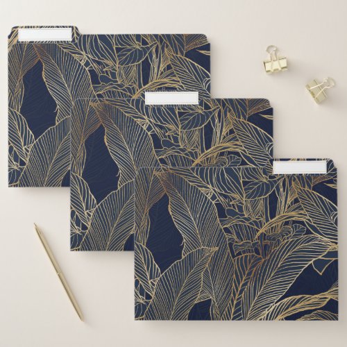 Modern Blue Gold Foliage Plant Botanical Design File Folder