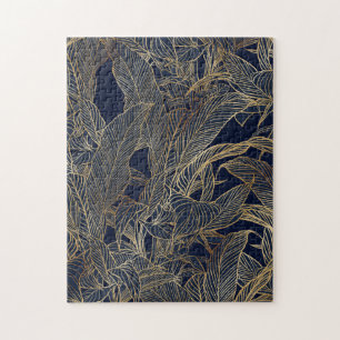 Modern Blue Gold Foliage Plant Botanical Design Jigsaw Puzzle
