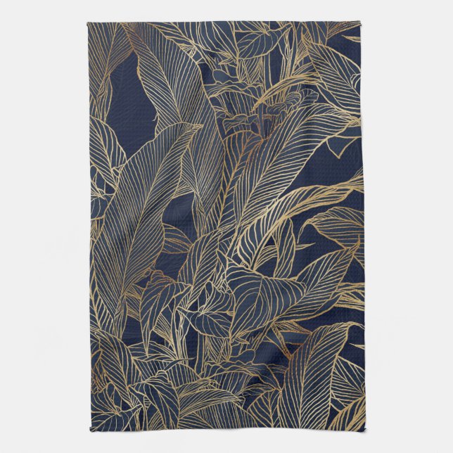 Modern Blue Gold Foliage Plant Botanical Design Kitchen Towel (Vertical)
