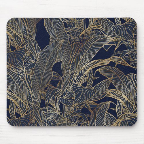 Modern Blue Gold Foliage Plant Botanical Design Mouse Pad