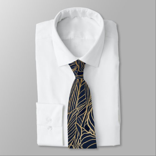 Modern Blue Gold Foliage Plant Botanical Design Neck Tie