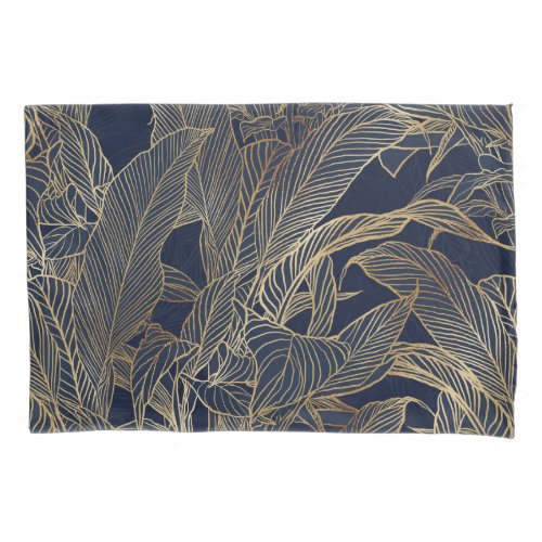 Modern Blue Gold Foliage Plant Botanical Design Pillow Case