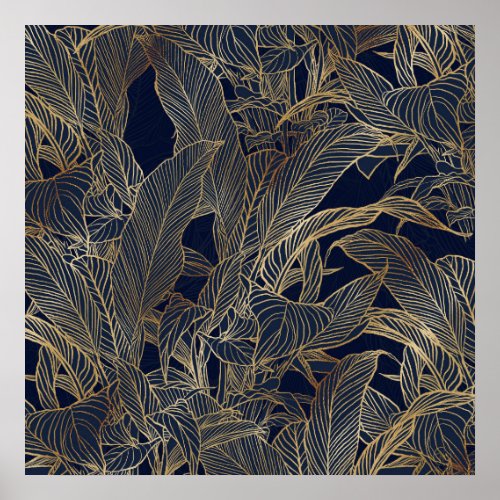 Modern Blue Gold Foliage Plant Botanical Design Poster