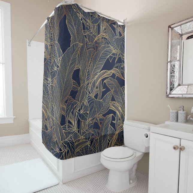 Modern Blue Gold Foliage Plant Botanical Design Shower Curtain (In Situ)