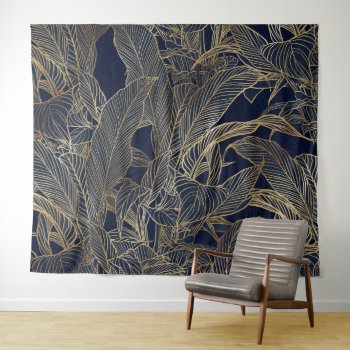 Modern Blue Gold Foliage Plant Botanical Design Tapestry by InovArtS at Zazzle