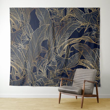 Modern Blue Gold Foliage Plant Botanical Design Tapestry