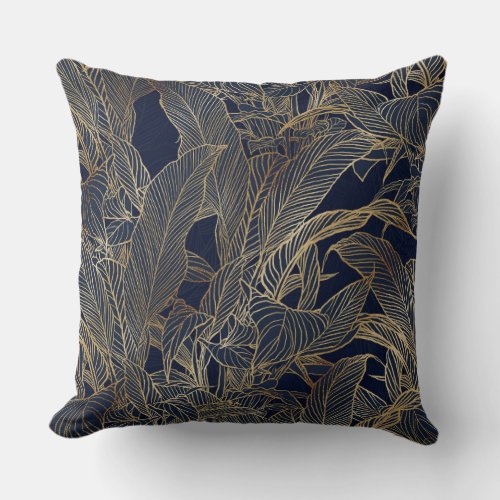 Modern Blue Gold Foliage Plant Botanical Design Throw Pillow