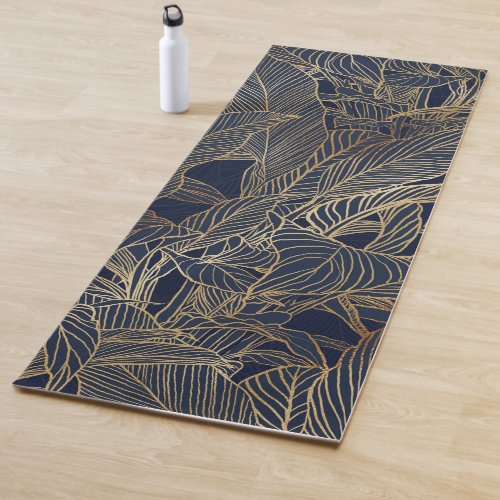 Modern Blue Gold Foliage Plant Botanical Design Yoga Mat