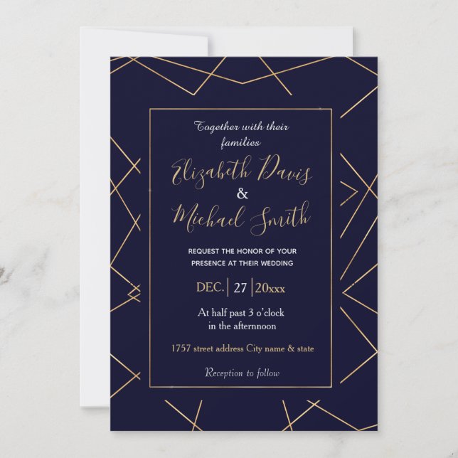Modern Blue Gold Geometric Strokes Design Invitation (Front)