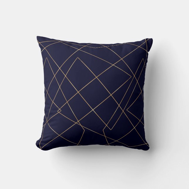 Modern Blue Gold Geometric Strokes Design Throw Pillow (Front)
