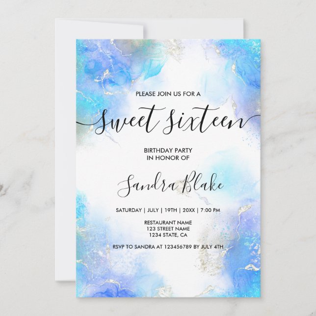 Modern Blue Gold Girly Trendy Sweet 16 Invitation (Front)