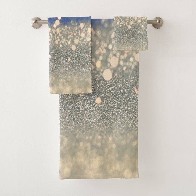 Modern Blue Gold Glitter Bokeh Bath Towel Set (Insitu)