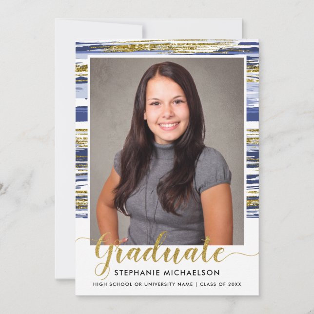Modern Blue Gold Glitter Brush Stroke Graduation Announcement (Front)