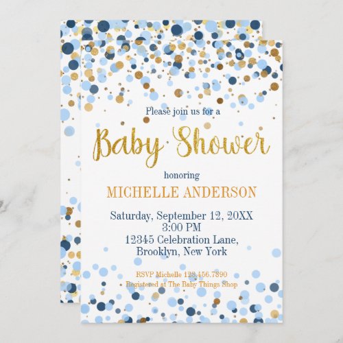 Modern Blue Gold Glitter Confetti Baby Shower Invitation