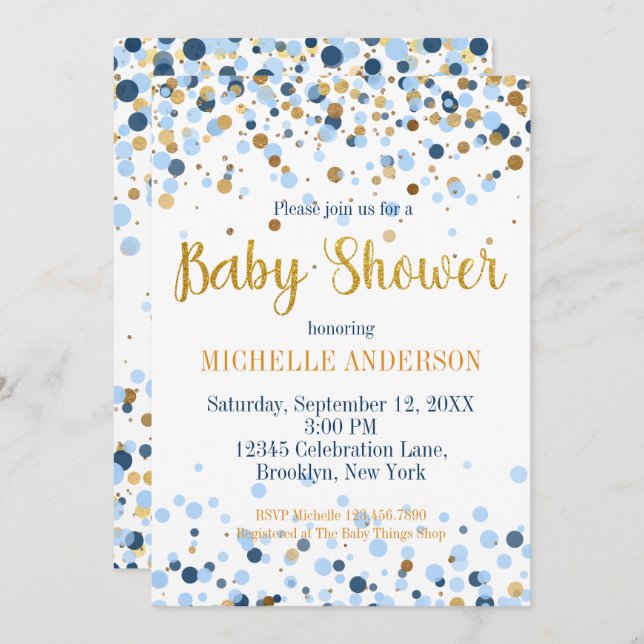 Modern Blue Gold Glitter Confetti Baby Shower Invitation (Front/Back)