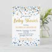 Modern Blue Gold Glitter Confetti Baby Shower Invitation (Standing Front)