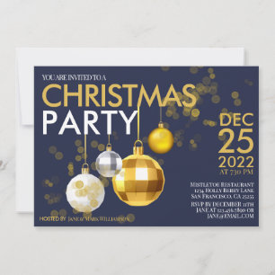 Modern Blue Gold glitter ornament Christmas Party Invitation