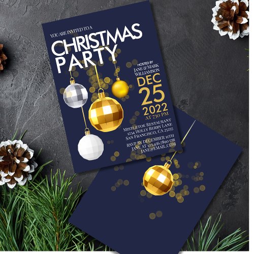 Modern Blue Gold glitter ornament Christmas Party Invitation