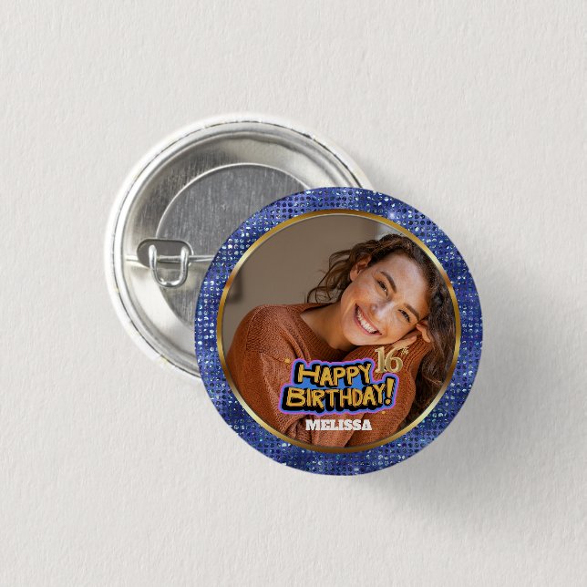 Modern Blue & Gold Glitter Photo 16th Birthday Button (Front & Back)