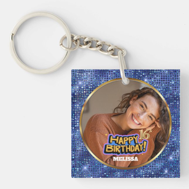 Modern Blue & Gold Glitter Photo 16th Birthday Keychain (Front)