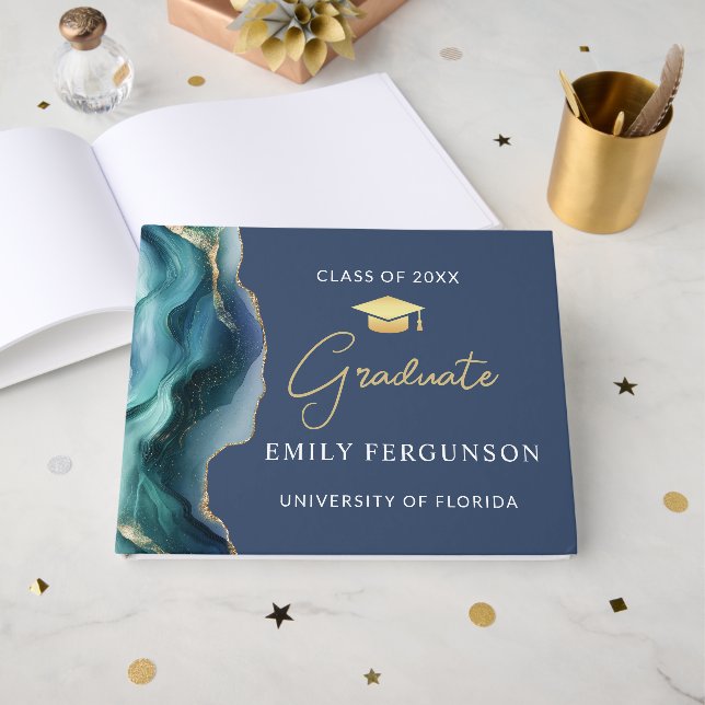 Modern Blue & Gold Graduation Gift Guest Book (Front Open)