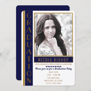 Modern Blue Gold Graduation Party Graduate Photo Invitation