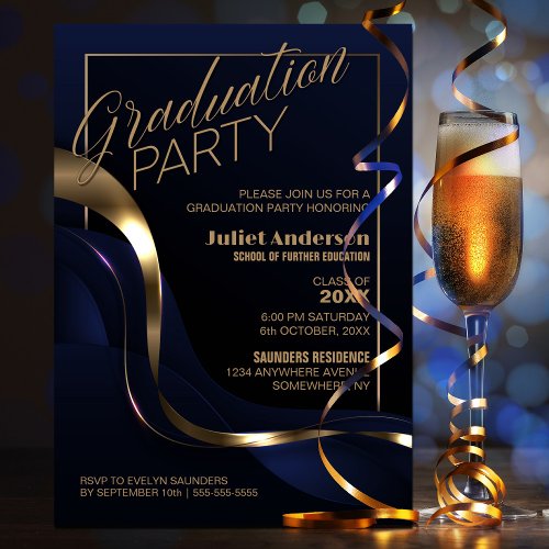 Modern Blue Gold Graduation Party Invitation