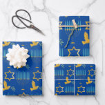 Modern Blue & Gold Hanukkah Dove Menorah Star Navy Wrapping Paper Sheets<br><div class="desc">A modern bright and colorful Hanukkah gift wrapping paper featuring flying doves,  menorahs and star of Davids.</div>