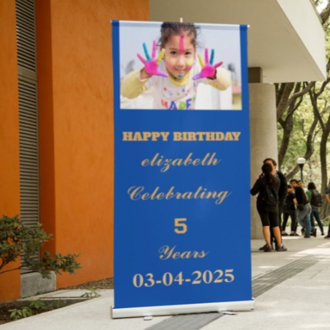 Modern blue gold Happy Birthday Photo Party Retractable Banner (Creator Uploaded)