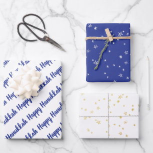 Modern Blue & Gold Happy Hanukkah Stars Wrapping Paper Sheets