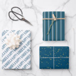 Modern Blue & Gold Happy Hanukkah Stars Wrapping Paper Sheets<br><div class="desc">Stylish and festive, this gift wrap set is the perfect way to wrap all your presents for friends and family this holiday season. The set features 3 different designs: 1. blue calligraphy "Happy Hanukkah, " 2. gold hand-drawn stars on a blue background, and 3. gold white and white stripes on...</div>