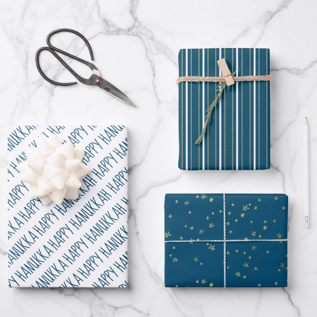 Modern Blue & Gold Happy Hanukkah Stars Wrapping Paper Sheets (Front)
