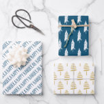 Modern Blue & Gold Happy Hanukkah Trees Wrapping Paper Sheets<br><div class="desc">Stylish and festive,  this gift wrap set is the perfect way to wrap all your presents for friends and family this holiday season.  The set features 3 different designs: 1. blue calligraphy "Happy Hanukkah, " 2. white hand-drawn evergreen trees on a blue background,  and 3. gold hand-painted,  evergreen trees.</div>
