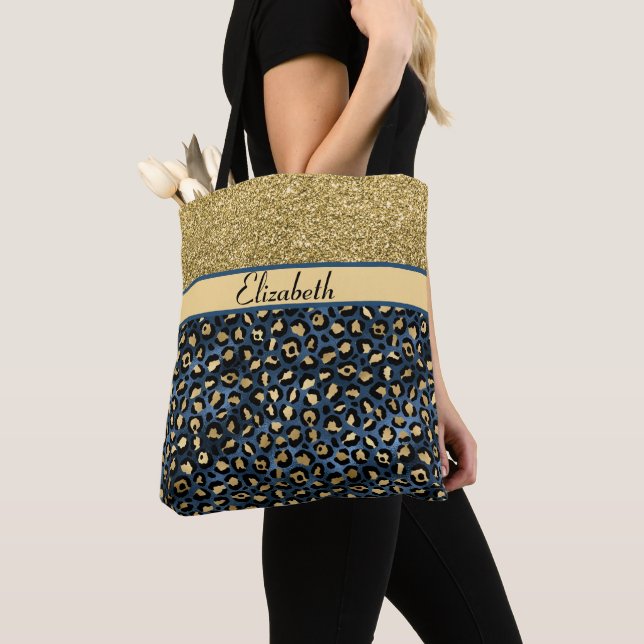 Modern Blue Gold Leopard Glitter Personalized Tote Bag (Close Up)