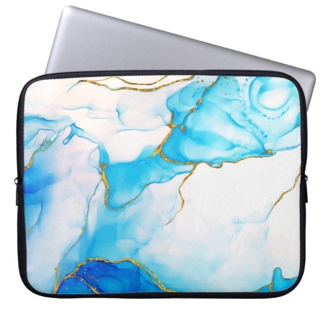 Modern Blue-Gold Marble Background Laptop Sleeve (Front)