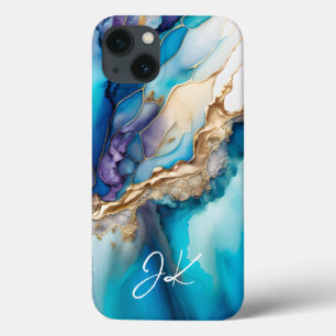 Modern Blue Gold Marble Monogram Personalized iPhone 13 Case