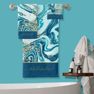 Modern Blue Gold Marble Ocean Monogram Name Bath Towel Set