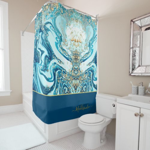 Modern Blue Gold  Marble Ocean Monogram Name Shower Curtain