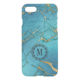 Modern Blue & Gold Marble Stone Monogram iPhone SE/8/7 Case