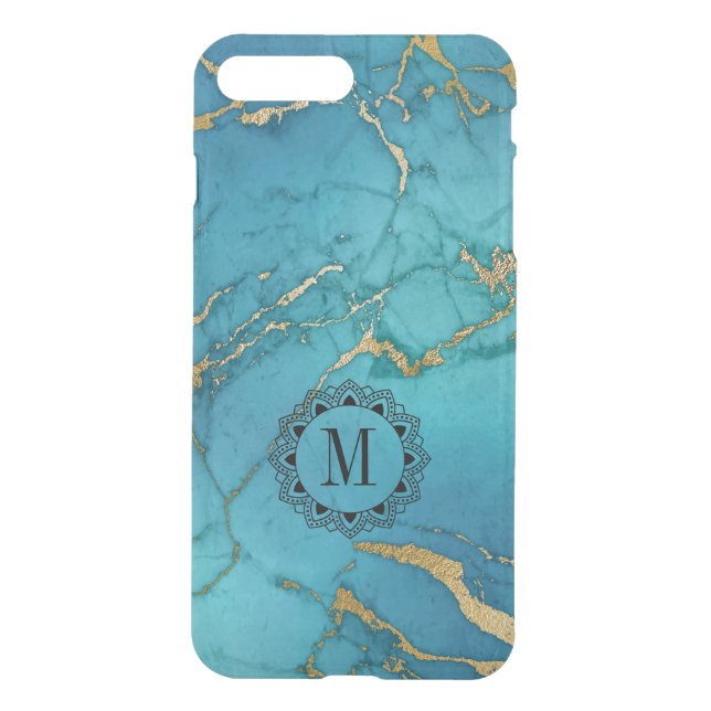 Modern Blue & Gold Marble Stone Monogram Uncommon iPhone Case (Back)