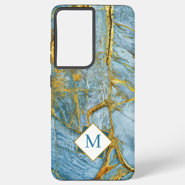 Modern Blue gold marble textured Monogram Samsung Galaxy Case (Back)