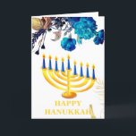 Modern Blue  & Gold Menorah Happy  Hanukkah   Holi Holiday Card<br><div class="desc">Modern Blue & Gold Menorah Happy Hanukkah Holiday Card features  white  background blue & gold roses & Hanukkah candles.The inside of the card has a personal message template.Please click on personalize button to customize it with your own text.</div>