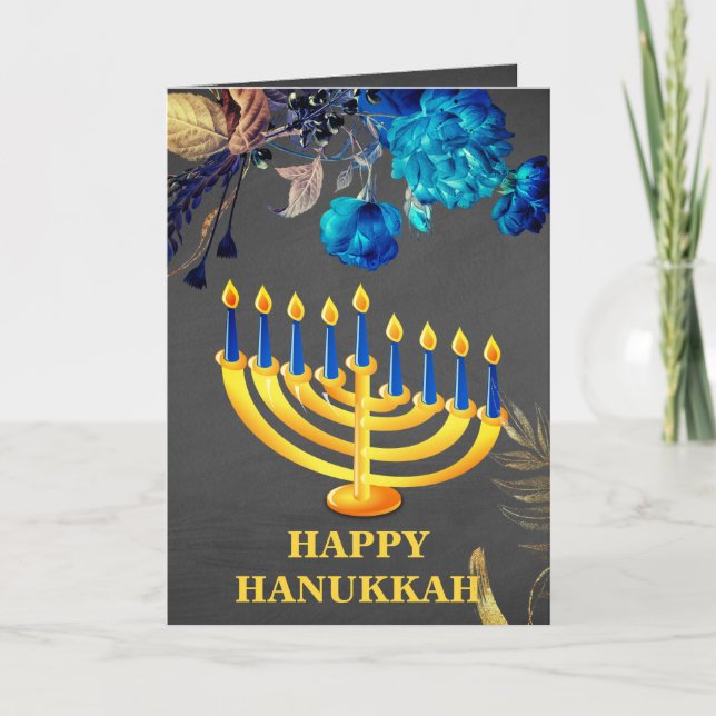 Modern Blue  & Gold Menorah Happy  Hanukkah   Holiday Card (Front)