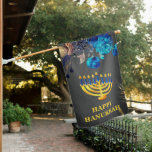 Modern Blue  & Gold Menorah Happy Hanukkah House Flag<br><div class="desc">Modern Blue & Gold Menorah Happy Hanukkah House Flag features  chalkboard background blue & gold roses & Hanukkah candles.A perfect design for outdoor decor on Hanukkah.Also great as gift.</div>
