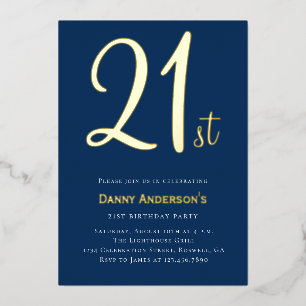 Modern blue gold minimal stylish 21st birthday  foil invitation