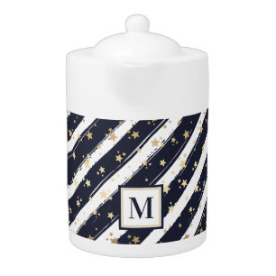 Modern Blue Gold Monogram Family Christmas Holiday Teapot