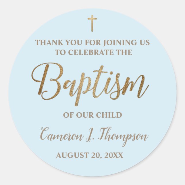 Modern Blue Gold Name Baby boy Baptism Classic Round Sticker (Front)